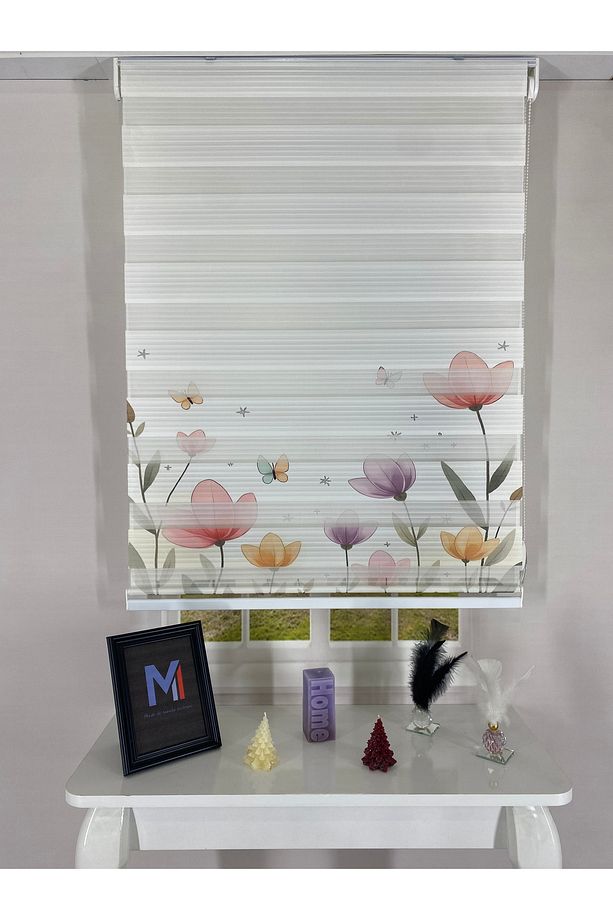 Pastel Çiçek ve Kelebek Desenli Zebra Stor Perde – Mutfak - Çocuk ve Genç Odası Perdesi - 1
