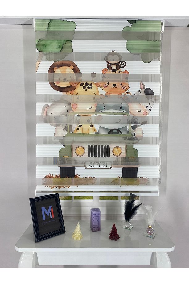 Safari Hayvanları ve Jeep Desenli Dijital Zebra Stor Perde – Çocuk Odası Baskılı Perde - 4