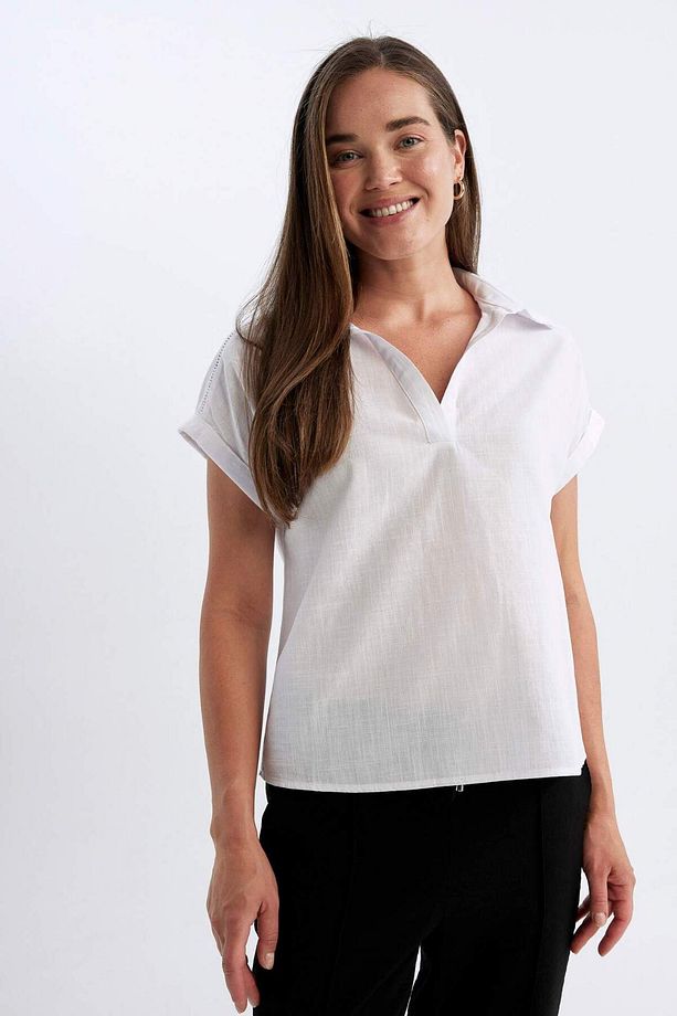 Regular Fit  Flamlı Pamuk Polo Yaka Kısa Kollu Bluz D4056AXNS - 3