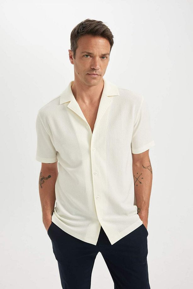 Modern Fit Polo Yaka Dokulu Penye Kısa Kollu Gömlek C4125AX24SM - 1