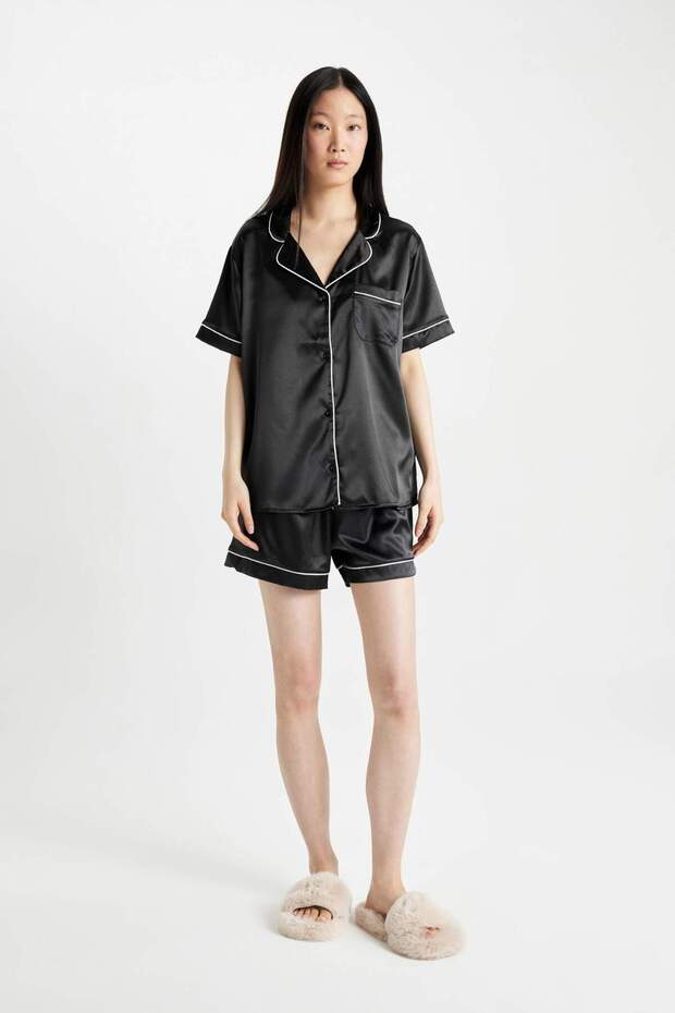 Saten Pijama Takımı Kısa Kollu Üst Esnek Belli Şort-Fall in Love D0915AX24SM - 1