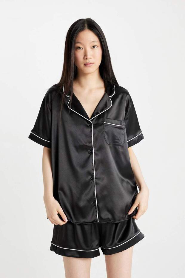 Saten Pijama Takımı Kısa Kollu Üst Esnek Belli Şort-Fall in Love D0915AX24SM - 4
