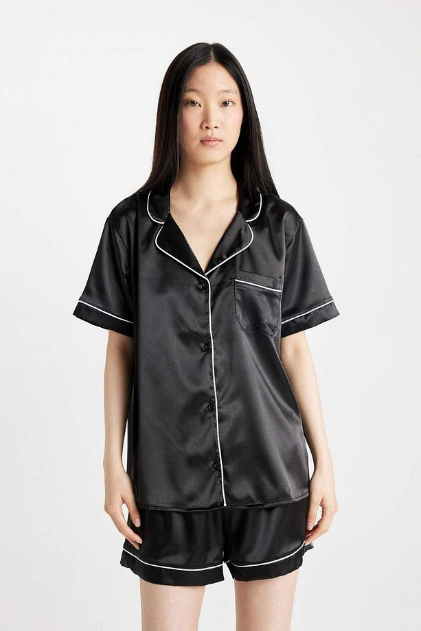 Saten Pijama Takımı Kısa Kollu Üst Esnek Belli Şort-Fall in Love D0915AX24SM - 3