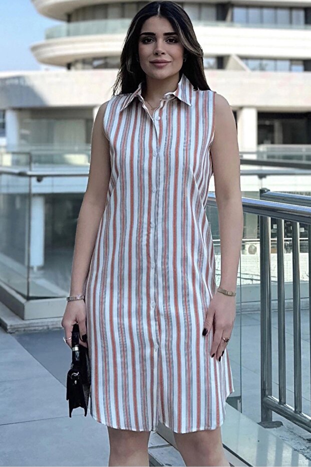 Women's Brick Striped Pattern, Imported Fabric, Sleeveless, Comfortable Fit, Midi Shirt Dress