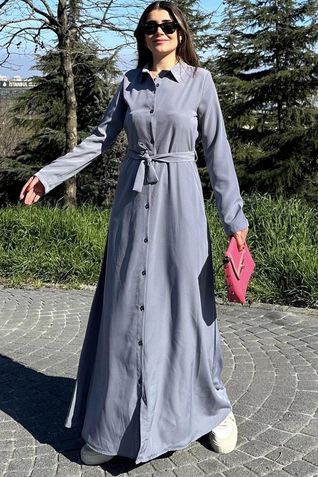 Women's Gray Kupra Fabric, Long Sleeve, Waist Belted, Body Fitting, Long Shirt Dress