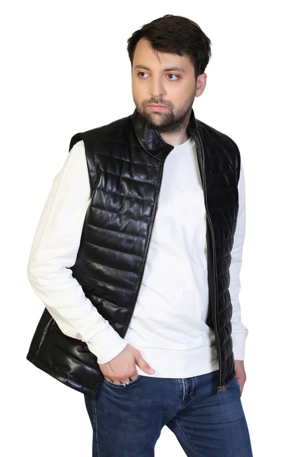 Derije Ramos Genuine Leather Men's Black Inflatable Vest