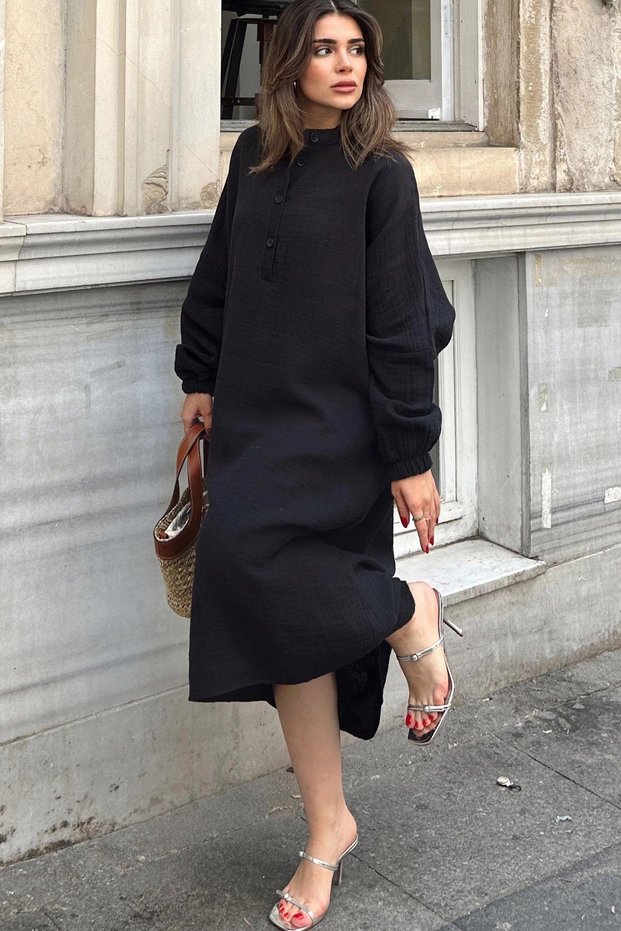 Women's Black Balloon Sleeve, Judge Collar, Anti-Sweat Cotton, Imported Muslin Fabric, Long Loose Dress
