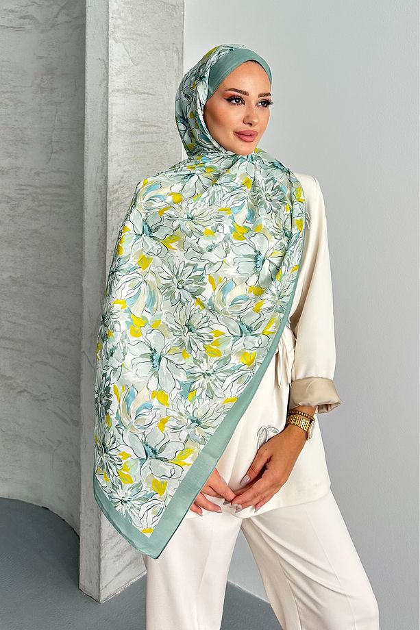 Lotus Çiçek Desen Çağla Yeşili Renk Soft Pamuk Şal - 2