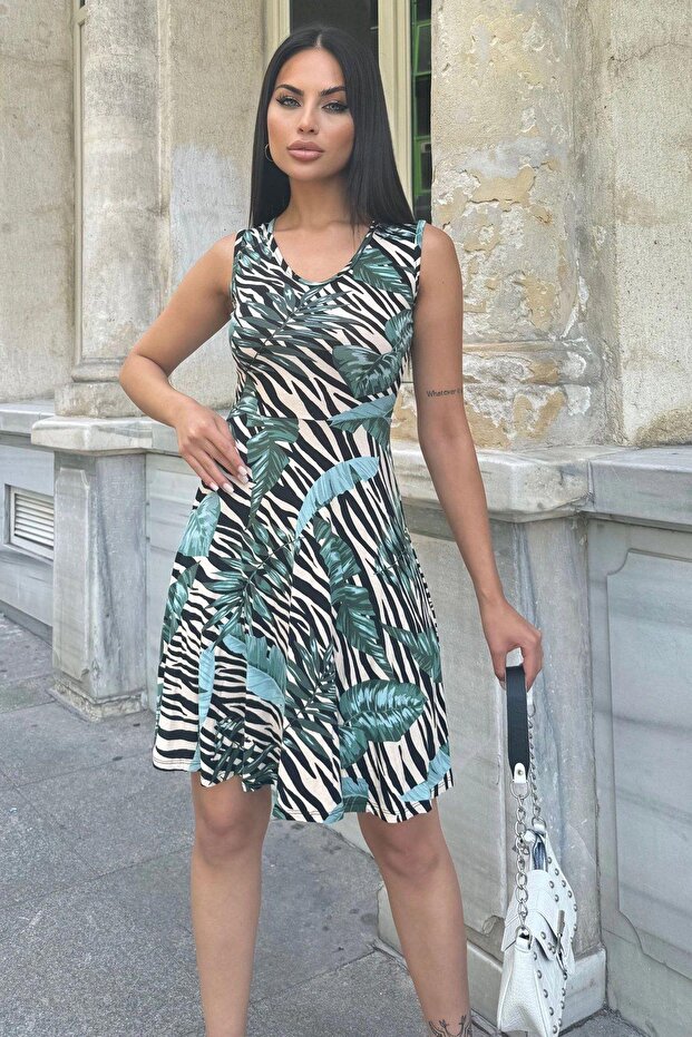 Women's Green Patterned, Sleeveless, V-Neck, Sleeveless, Midi Flared Dress
