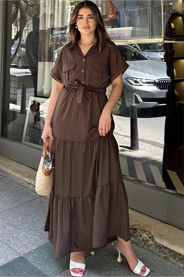 Coffee Short Sleeve, Airobin Fabric, Half Placket, Belt/Sash, Skirt Pleated, Pocket Maxi Long Dress