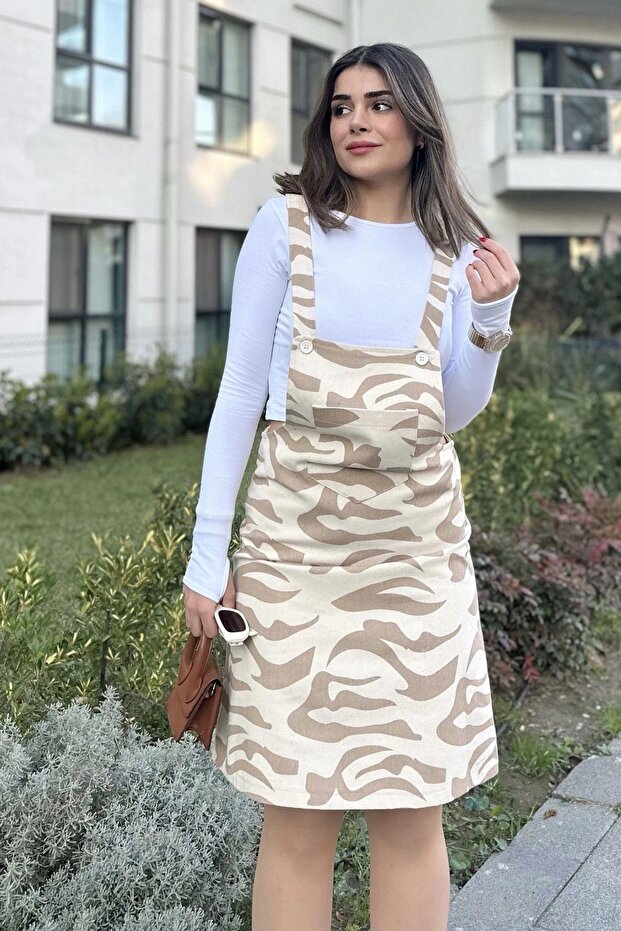 Women's Beige Patterned, Wide Pocket, Thick Strap, Gabardine Salopet Dress