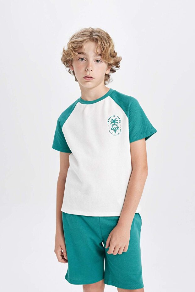 Erkek Çocuk Waffle Pijama Takımı Baskılı Kısa Kollu Üst Şort C5501A824SM - 3