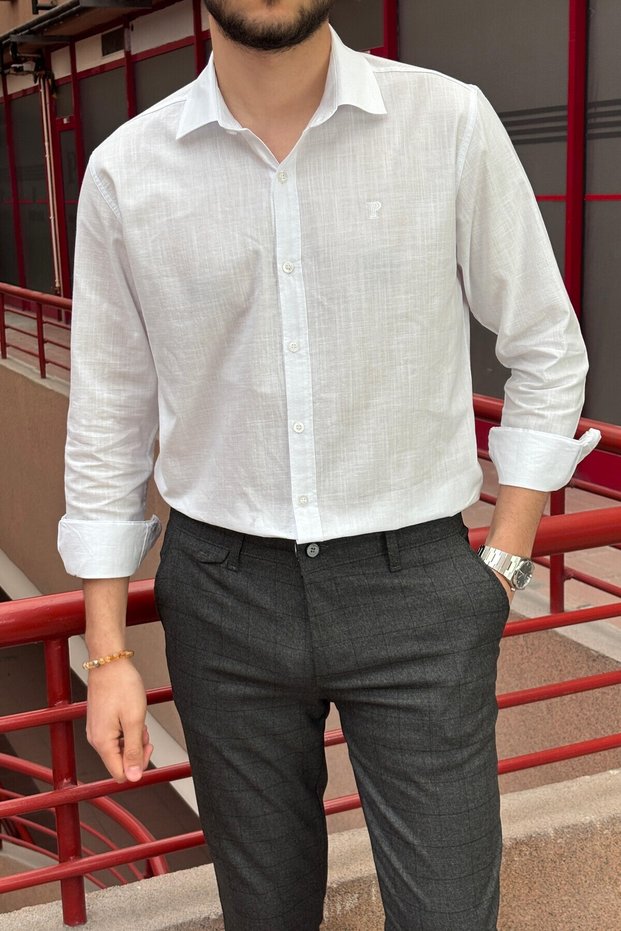 Men'S, Shirt Collar, Regular Fit, Cotton, Linen Woven, Old Money Culture, Embroidery Detailed Shirt G10