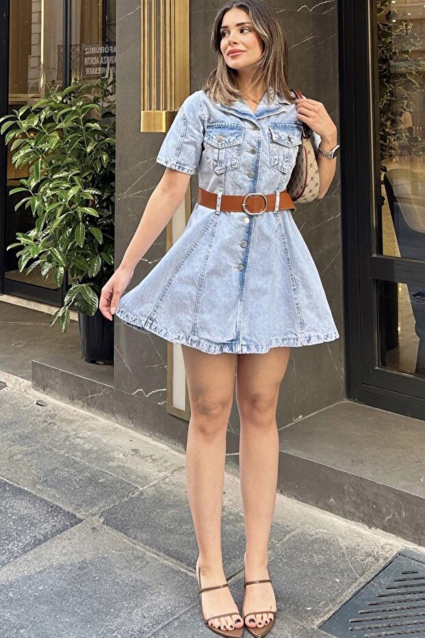 Women's Light Blue Short Sleeve, A-Line, Comfortable Fit, Short Denim Dress - with Belt Gift