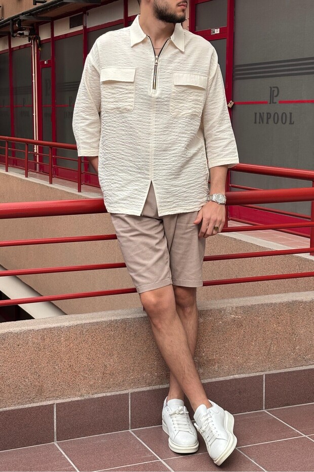 Male, Half Metal Zipper, Shirt Collar, Linen Blend, Woven, Oversize Shirt G12