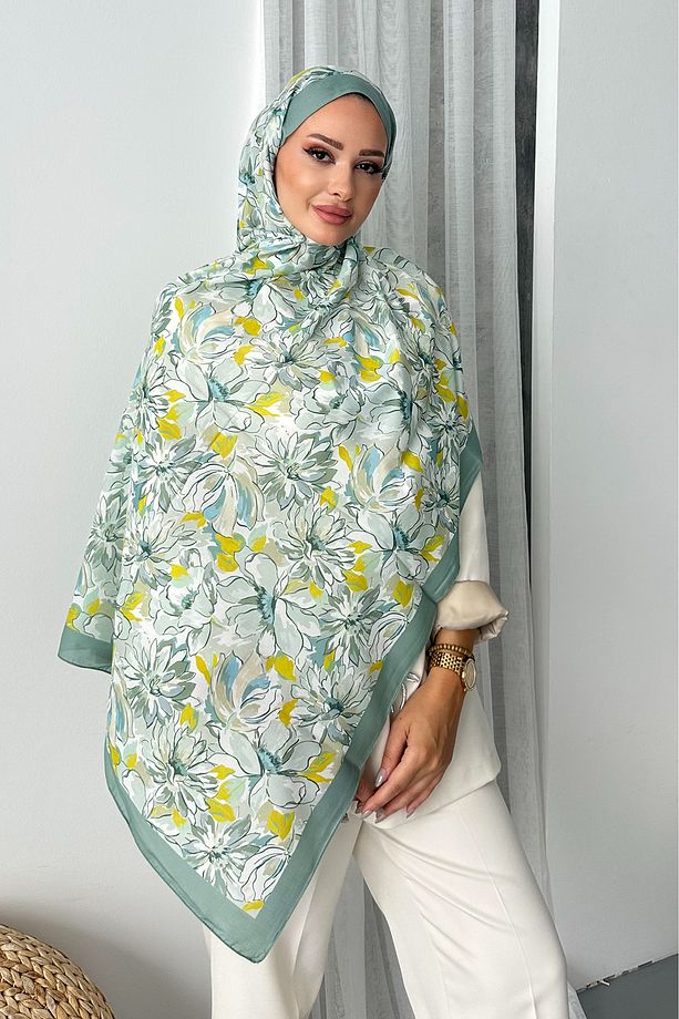 Lotus Çiçek Desen Çağla Yeşili Renk Soft Pamuk Şal - 7