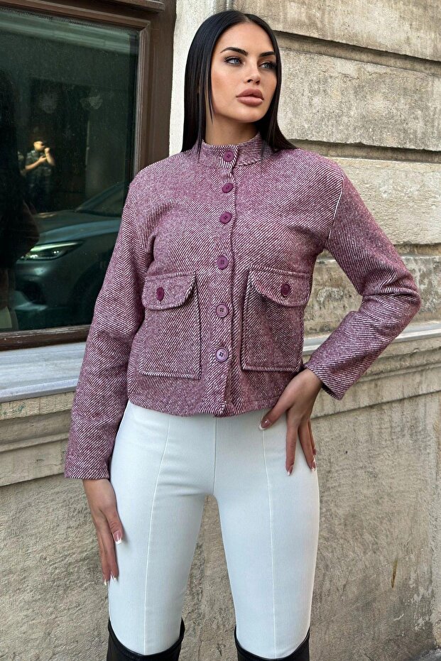 Burgundy Stand Collar, Double Flap Pocket, Short Cut, Diagonal Stamp Jacket