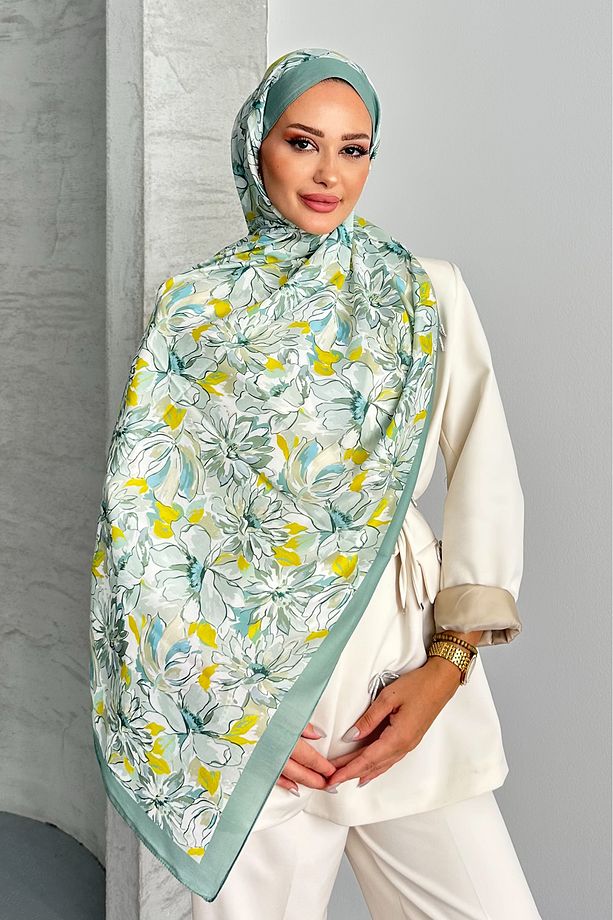 Lotus Çiçek Desen Çağla Yeşili Renk Soft Pamuk Şal - 3