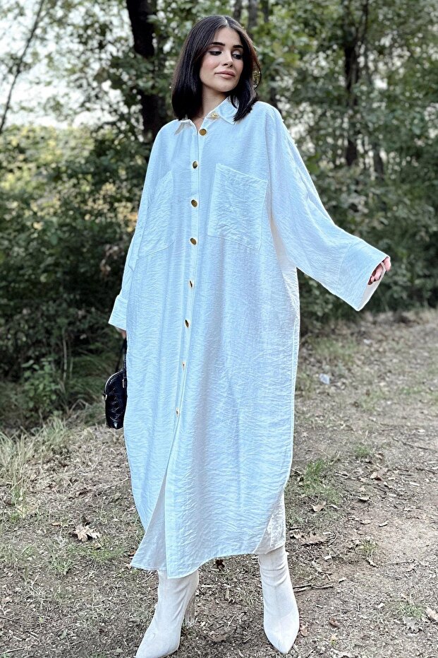 Women's Ecru Bat Sleeve, Back Pleated, Double Pocket, Long Oversize Loose Shirt Dress
