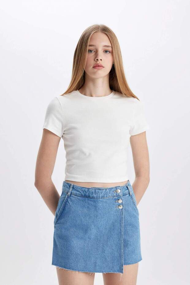 Yüksek Bel Jean Şort Etek C0698AX24SM - 4