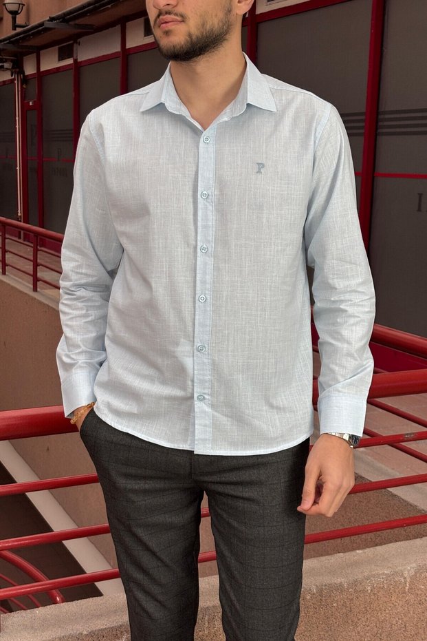 Men'S, Shirt Collar, Regular Fit, Cotton, Linen Woven, Old Money Culture, Embroidery Detailed Shirt G10