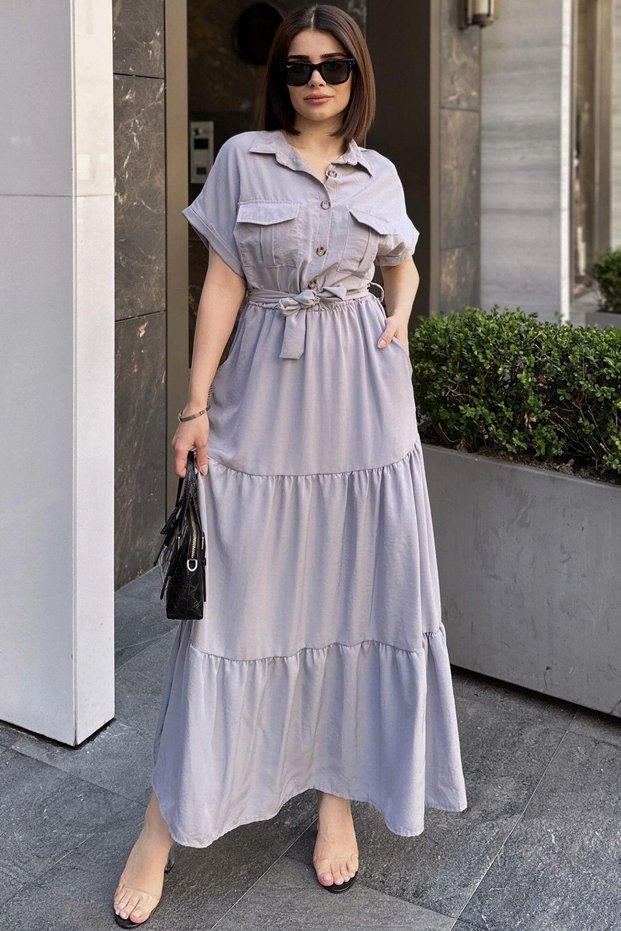 Gray Short Sleeve, Airobin Fabric, Half Placket, Belt/Sash, Skirt Pleated, Pocket Maxi Long Dress