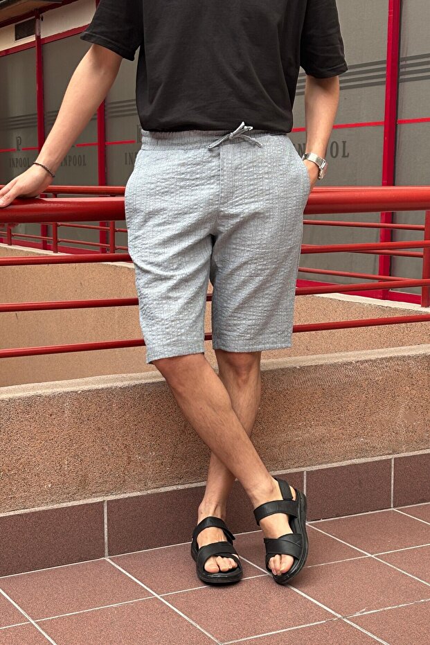 Men, Elastic Waist, Regular Fit, Seersucker Woven Fabric, Linen Blend, Shorts-Bermudas 297