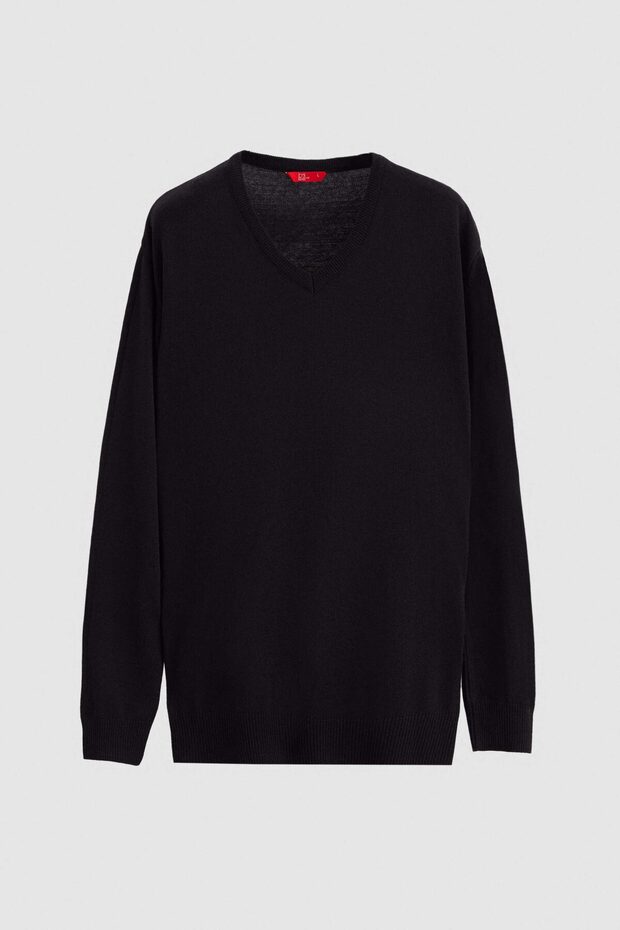 Ds Damat Regular Fit Schwarzer, einfarbiger Strickpullover mit V-Ausschnitt - 5