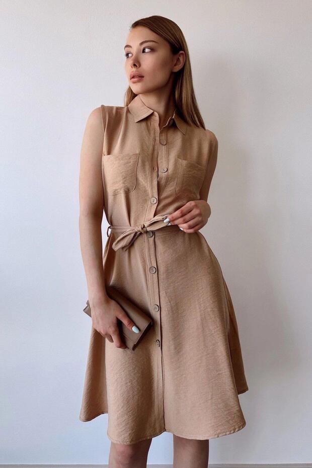 Women's Beige Sleeveless, Shirt Collar, Solid Color Pattern, Double Pocket, A-line Cut, Aerobin, Belted Midi Dress