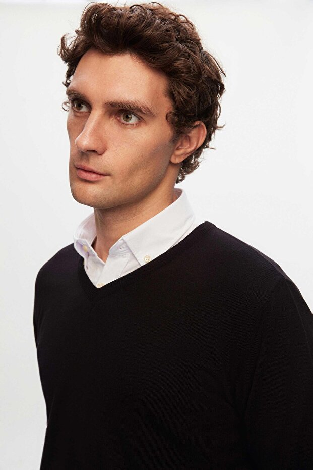 Ds Damat Regular Fit Schwarzer, einfarbiger Strickpullover mit V-Ausschnitt - 3