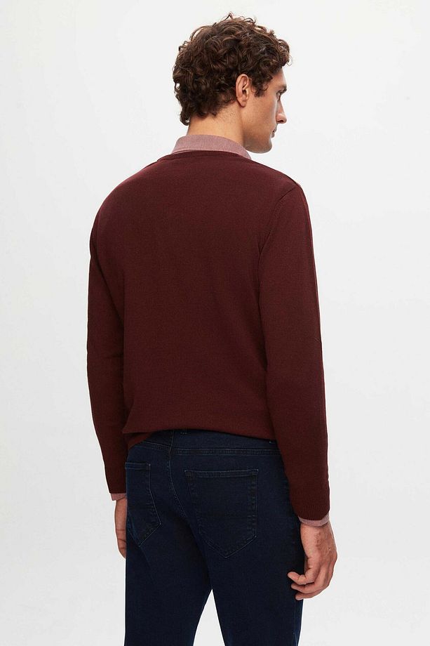 Ds Damat Regular Fit Bordo Düz V Yaka Triko Kazak - 4