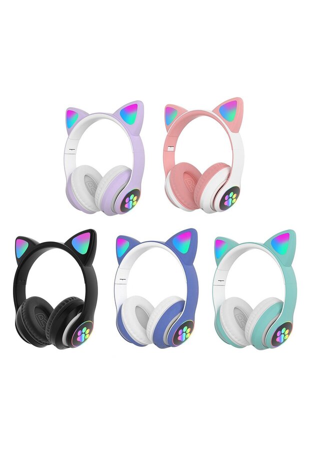 Pembe Stn28 Renk Kablosuz Bluetooth 5.0 Led Işıklı Kedili Şık Kulaklık Hediye Fm - 2