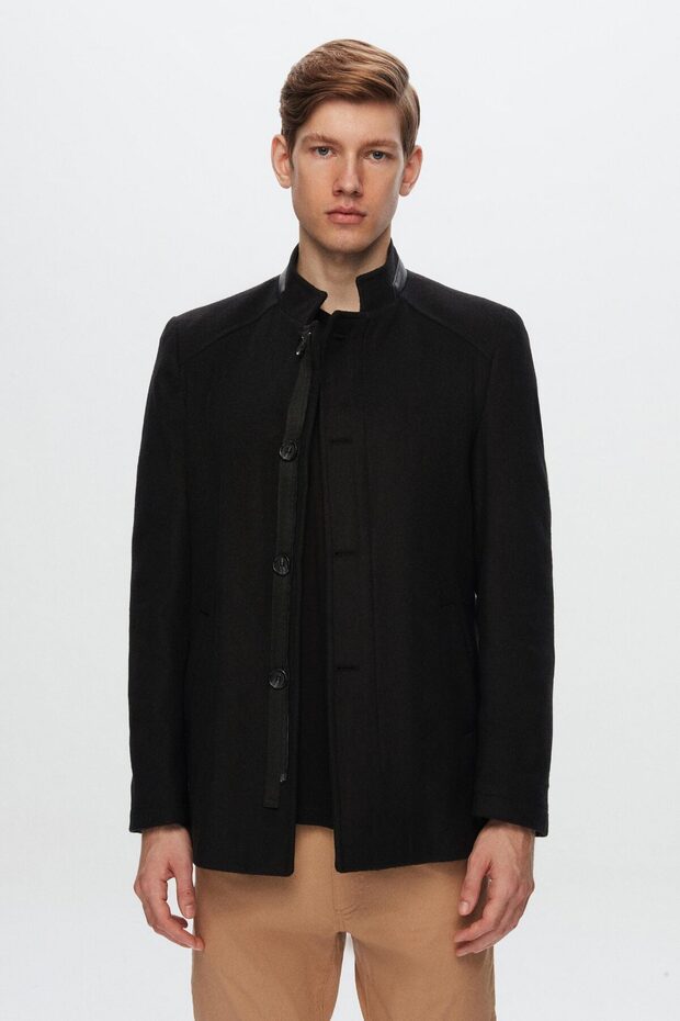Ds Damat Regular Fit Black Stand Collar Stamp Coat