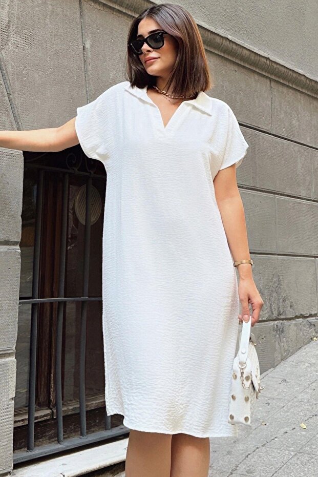 Ecru Short Sleeve, Polo Collar, Textured Fabric, Basic Fit/Cut, Aerobin Comfortable Midi Dress