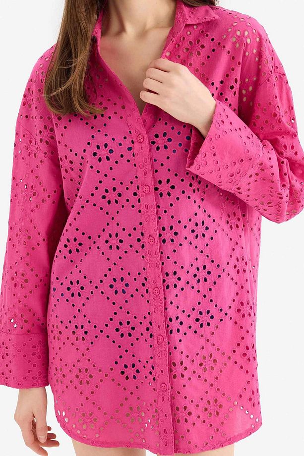 Fall in Love Pamuklu Delik İşlemeli Pembe Plaj Gömleği C0506AX24SM - 5