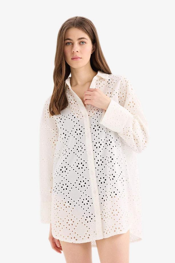 Fall in Love Pamuklu Delik İşlemeli Pembe Plaj Gömleği C0506AX24SM - 2