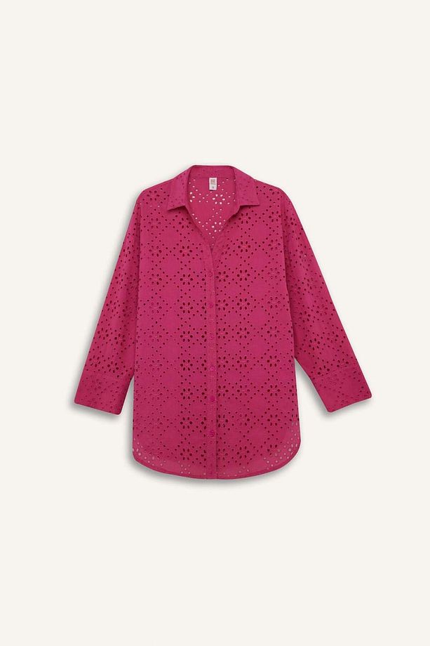 Fall in Love Pamuklu Delik İşlemeli Pembe Plaj Gömleği C0506AX24SM - 8