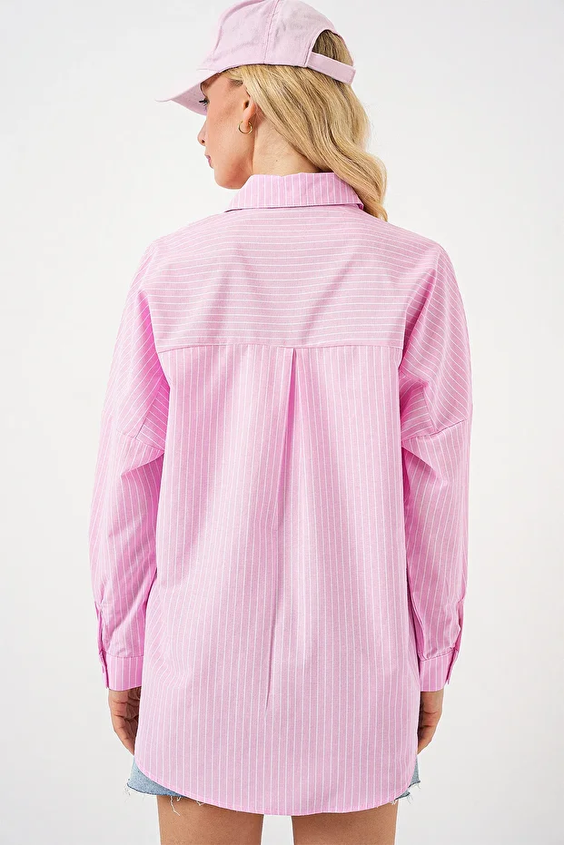 3900 Oversize Çizgili Gömlek - Y.pembe - 6