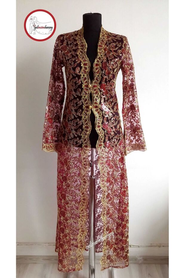Bordo Tel Kırma Pullu Nedime Kaftanı Bindallı - 1
