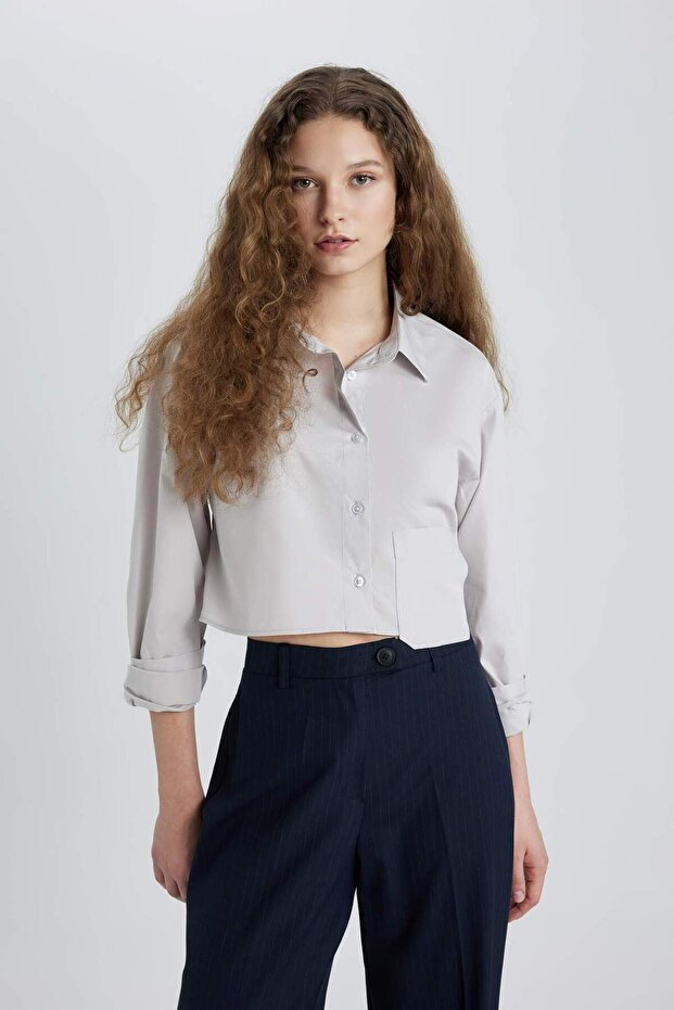 Oversize Geniş Kalıp Crop Poplin Uzun Kollu Gömlek C5026AX24SP - 5