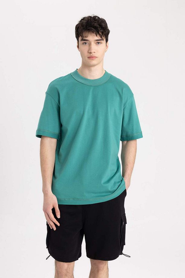 Boxy Fit Bisiklet Yaka Basic Düz Kısa Kollu Tişört C2562AX24SM - 4