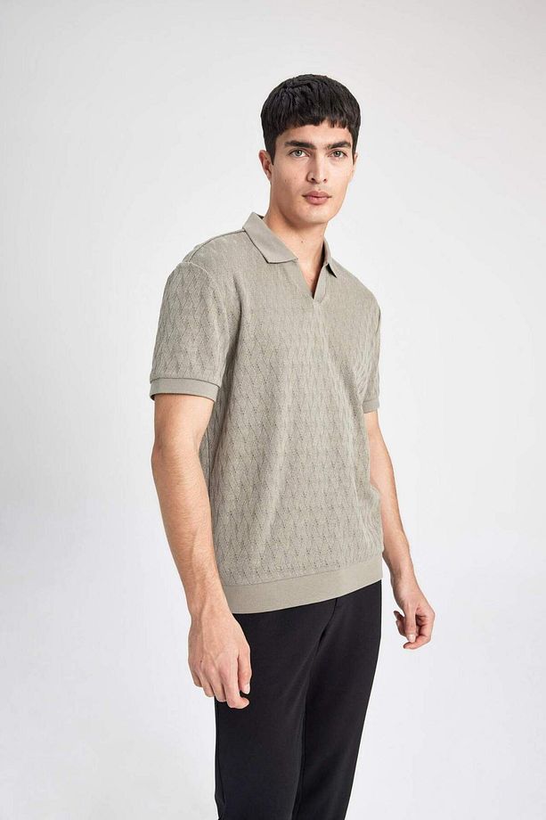 Regular Fit Polo Yaka Kısa Kollu Örgü Görünümlü Tişört B6536AX24SP - 8