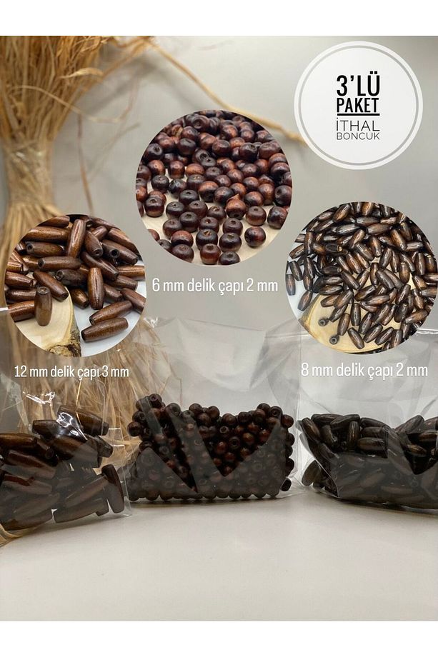 İthal Arpa Ve Yuvarlak Ahşap Tahta Boncuk Seti Acı Kahve Anahtarlık Makrome Çanta Takı 3lü Paket - 1