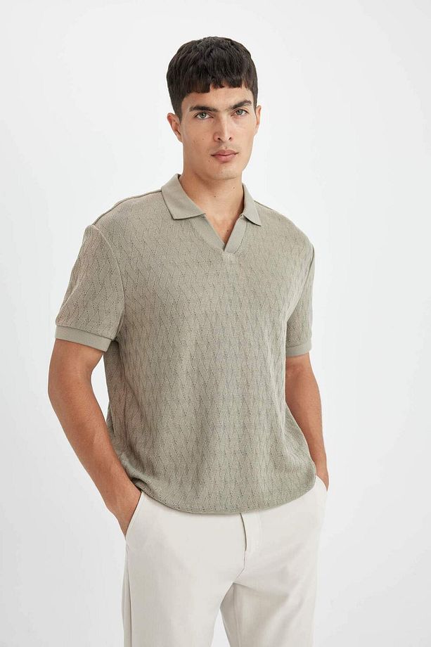 Regular Fit Polo Yaka Kısa Kollu Örgü Görünümlü Tişört B6536AX24SP - 3