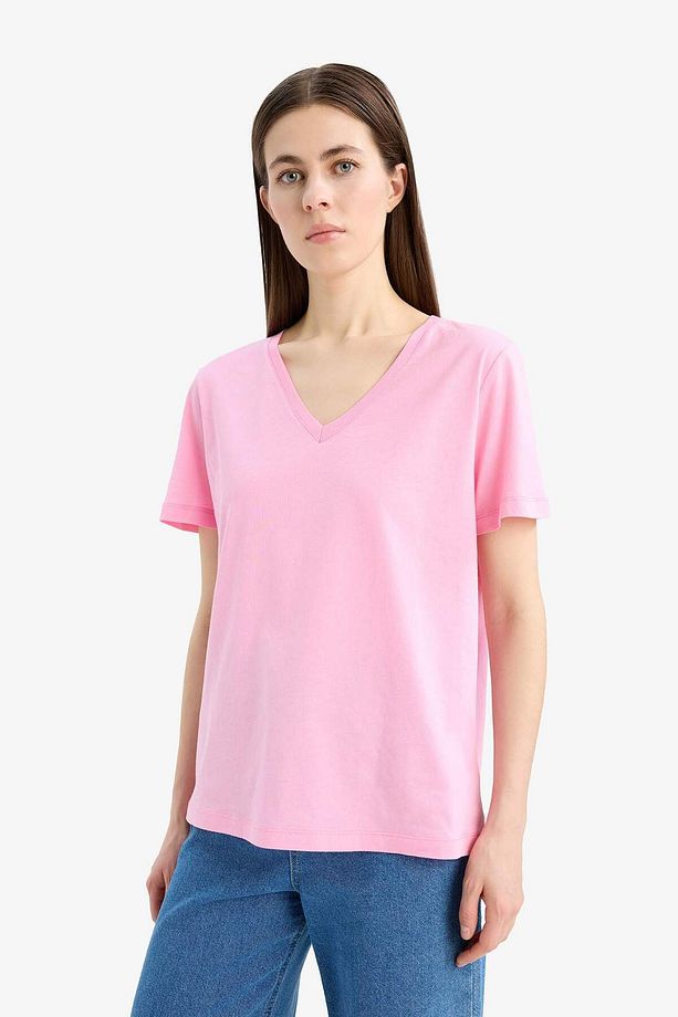 %100 Pamuk Regular Fit V Yaka Basic Düz Kısa Kollu Tişört W9578AZ24SM - 4