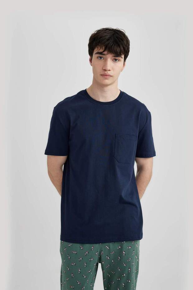 Regular Fit Pijama Takımı Basic Düz Kısa Kollu Üst Beli Lastikli Desenli Uzun Alt B7278AX24SP - 3