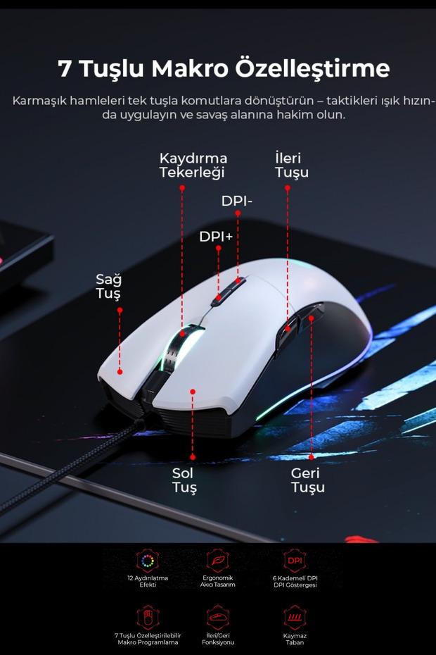 Gamenote MS1037CM Rgb Ledli Makrolu 7200Dpi Gaming Oyuncu Mouse + Mouse Pad - Siyah - 6