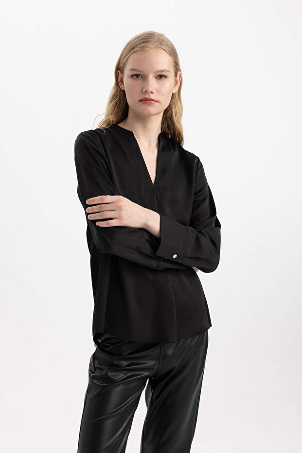 Regular Fit Apaş Yaka Saten Uzun Kollu Bluz C3217AX24SP - 5