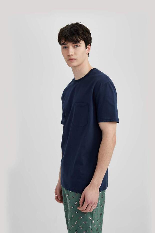 Regular Fit Pijama Takımı Basic Düz Kısa Kollu Üst Beli Lastikli Desenli Uzun Alt B7278AX24SP - 4
