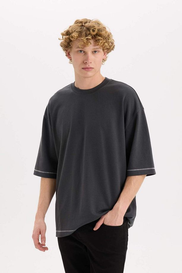Loose Fit Bisiklet Yaka Kısa Kollu Ağır Kumaş Tişört C0147AX24SP - 4